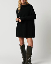 Free People Women's Black Long Sleeve Ottoman Slouchy Ribbed Tunic Sweater Sz S