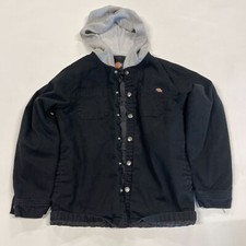 Dickies Workwear Jacket BOYS L Black Denim Snap Button Quilted Hooded Full-Zip