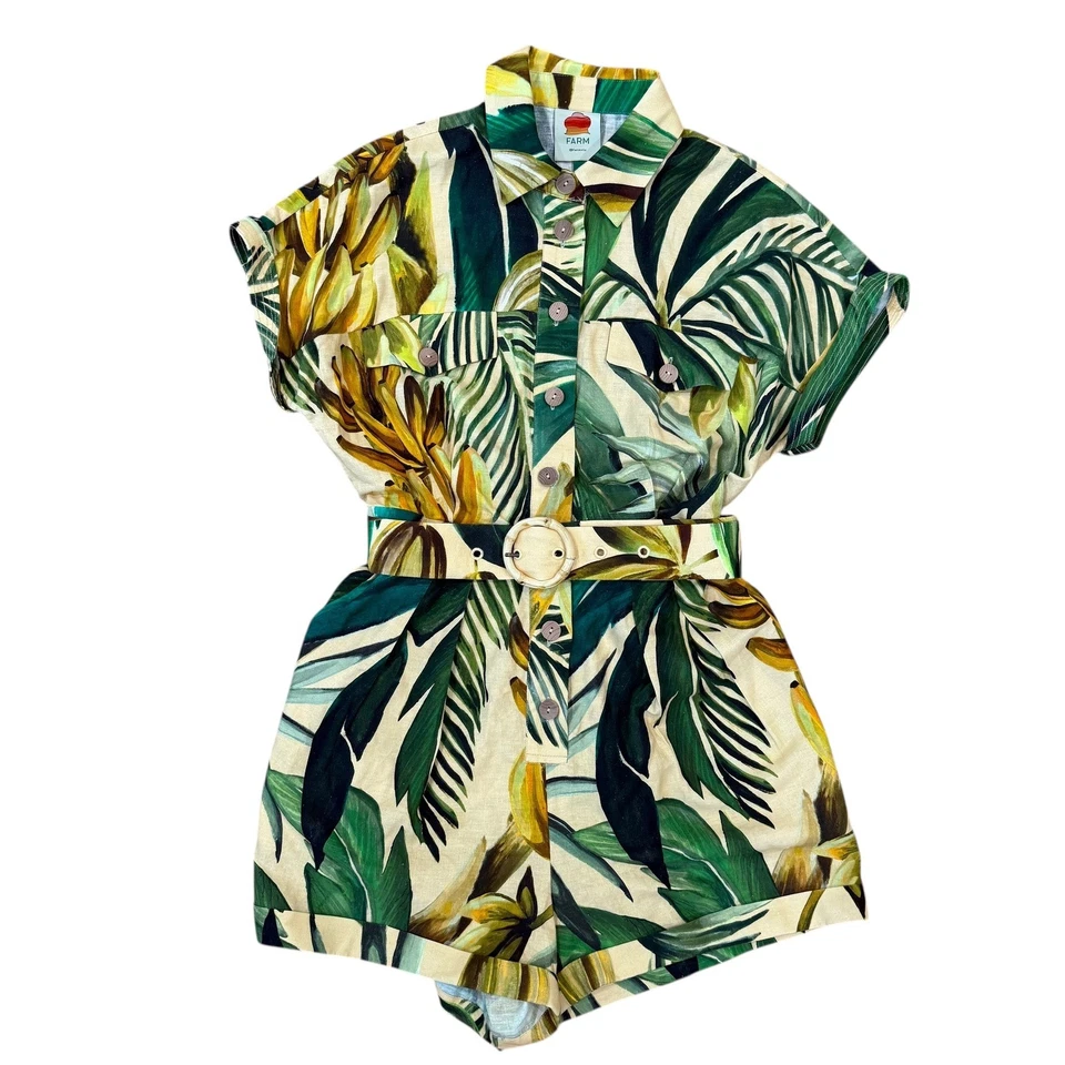Mono mameluco tropical pequeño con estampado de hojas de plátano y cinturón FARM Rio para mujer Foto 2 de 4