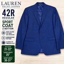 Lauren Ralph Lauren 42R Blue Windowpane Wool Blend 2 Button Sport Coat Blazer
