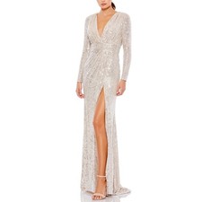 Mac Duggal 26490 Champagne Silver Evening Gown Sequined Long Sleeve Dress Size 6