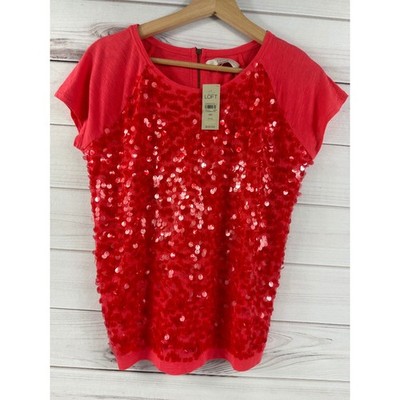 LOFT Red Coral Sequin Cap Sleeve Zipper Back T-Shirt Top Petite Medium MP