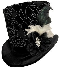 Tall Top Hat Black White Velvet Floral Print Steampunk Wedding Gothic Rhinestone