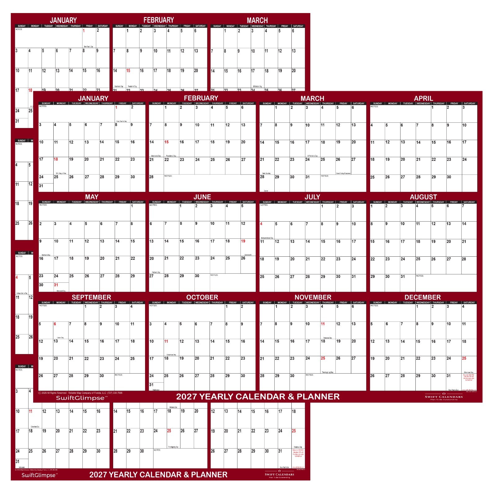 32" x 48" SwiftGlimpse 2027 Wall Calendar Erasable Yearly Wall Planner - Maroon