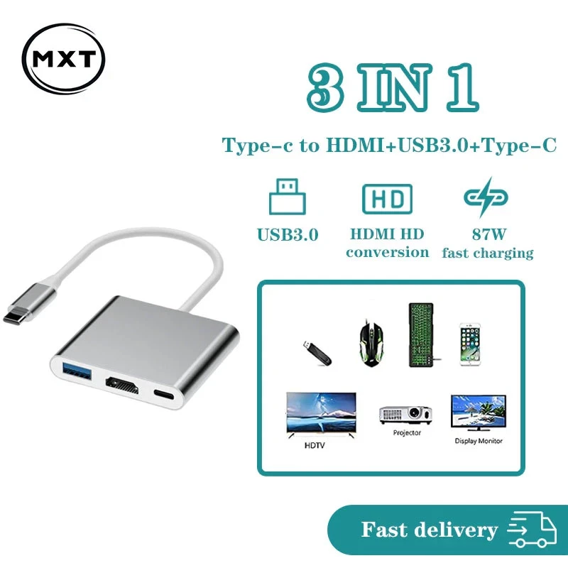 3in1 Type-C USB 3.1 To HDTV HDMI USB 3.0 87W PD Charging Type C Female Converter - Image 2 of 4