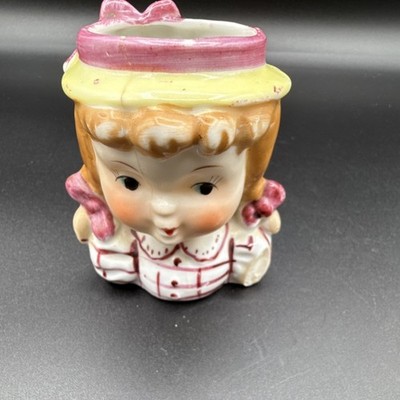 Vintage Ceramic Girl Head Planter Hand Painted Glossy Multicolor