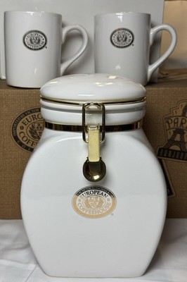 Vintage European Coffeehouse Collection White With Gold Trim Canister And 2 Mugs