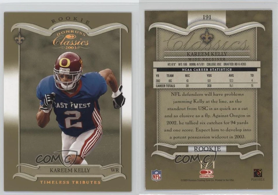 2003 Donruss Classics 1/1 Kareem Kelly #191 Rookie RC 0o9 - Image 3 of 3