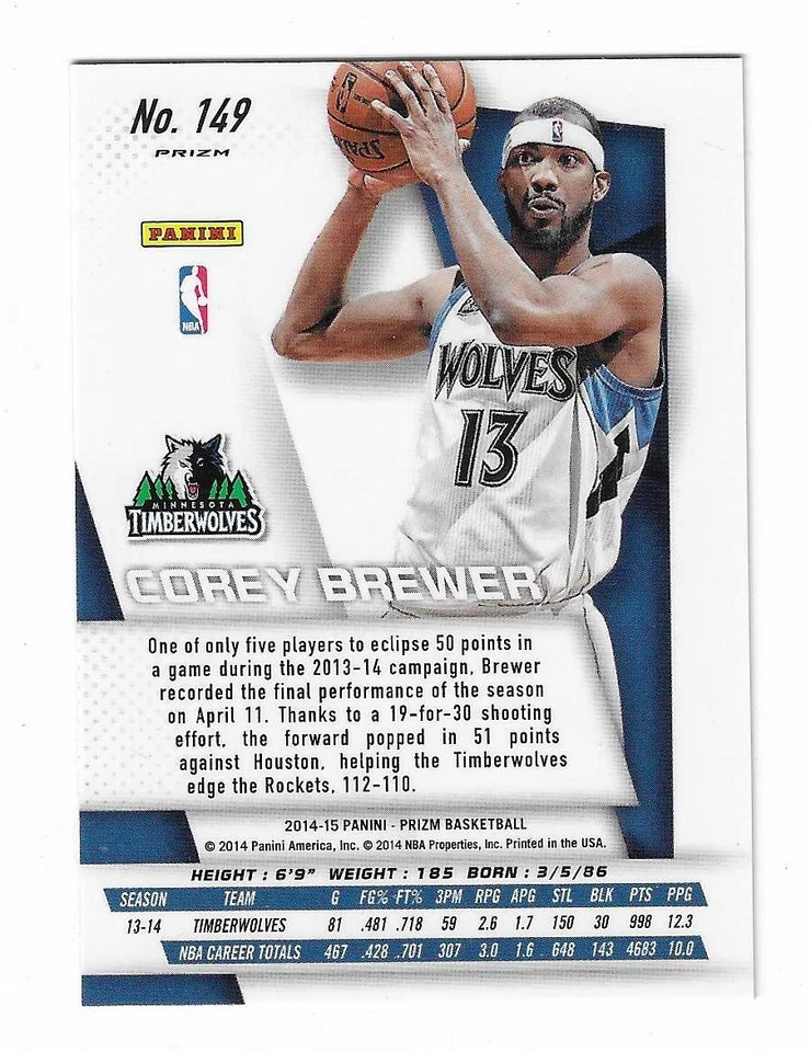 2014-15 Panini Prizm Basketball Silver Prizm Corey Brewer Parallel Card #149 - Image 2 of 2