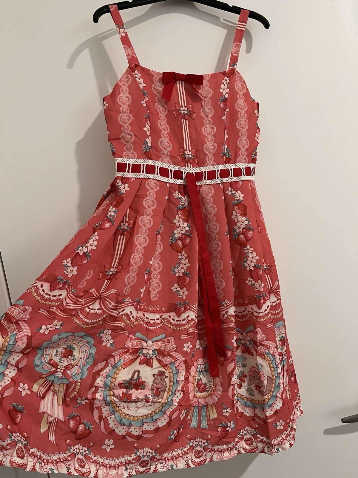 Ruffles Song Lolita Strawberry Print Fit & Flare Knee Dress Square Neck L