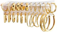17IF 12 Pairs Golden Hoop Earring Set for Women Chunky Smooth Surface Trendy...