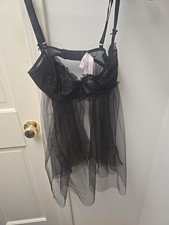 Victorias Secret Black Lingere Babydoll Open Back Nightie Size Small Lace Bows