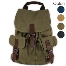 Zaino uomo vintage tela inserti in pelle tasche frontali zainetto borsa a spalla