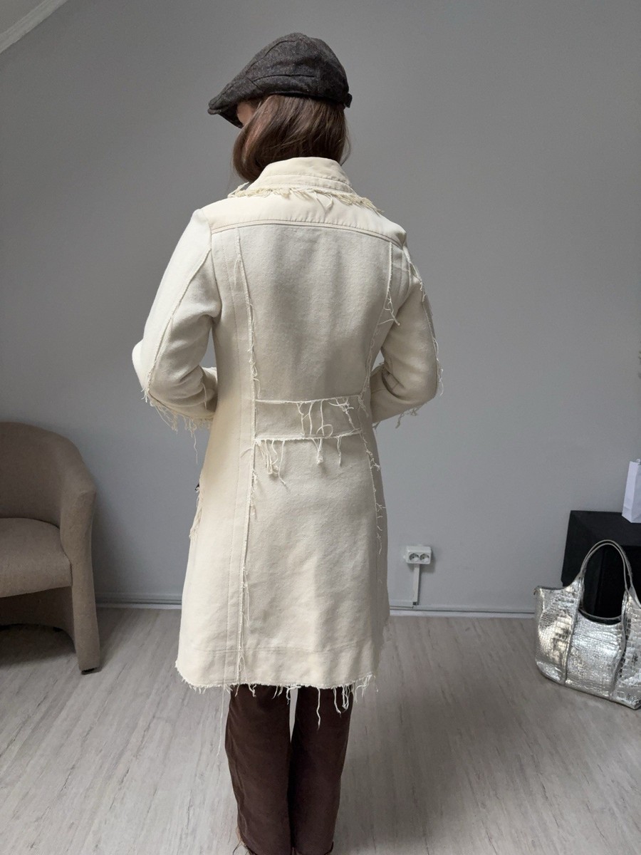 Diesel Trench Coat Denim Wool Grunge Distressed Y2K Vintage Beige