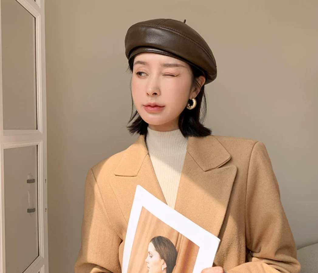 Fashion Women Genuine Leather Beret Hat Sheepskin Black British Beanie Cap
Opens in a new window or