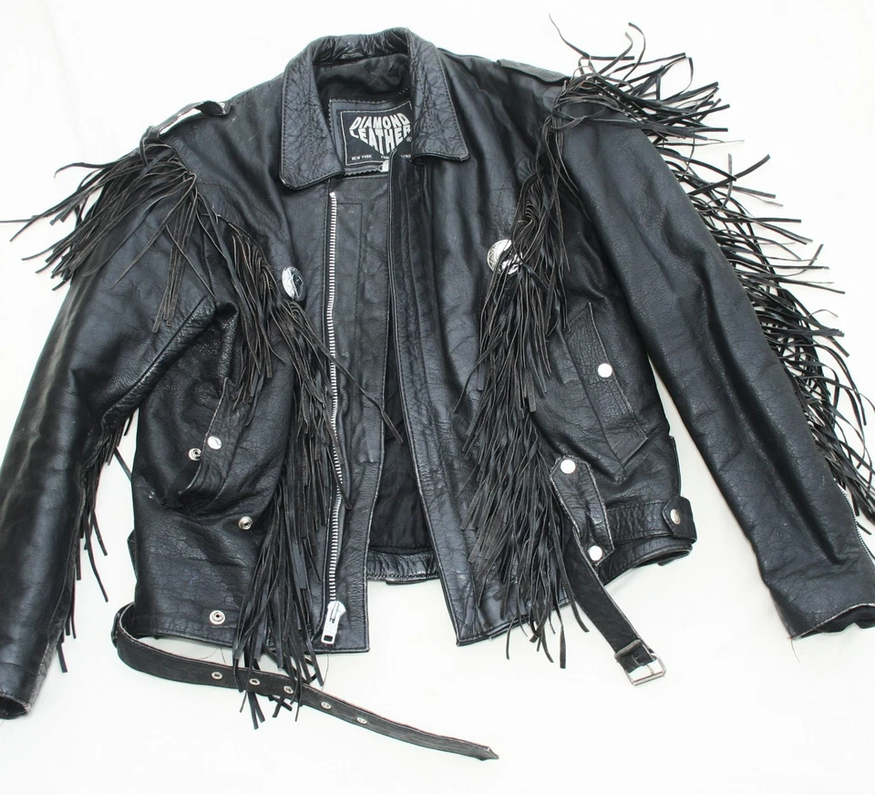 DE COLECCIÓN ABRIGO NEGRO DE CUERO PESADO FLECOS MOTOCICLISTA ROCKER GLAM ROCK PUNK CHAQUETA RAMONES Foto 2 de 4