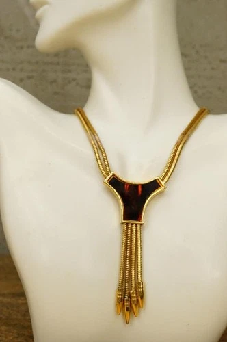 Vintage Costume Jewelry Tortie Inlay Slide Tassel TRIFARI Necklace Gold Tone 18"