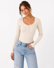 Aerie Women's Beige Long Sleeve Button Henley Bodysuit, Stretch, Size M