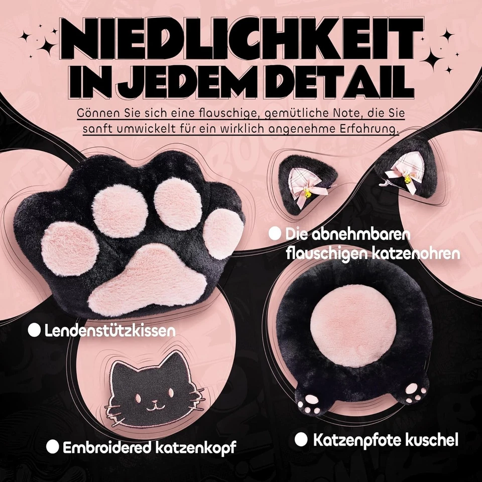 Pink Cute Katze Gaming Stuhl Stoff mit Katzenpfote Lendenkissen und Katzenohr... - Bild 4 von 4
