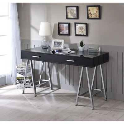 High Gloss Writing Desk - Built-in USB/Plug - 2 Drawers - Metal Base - Modern