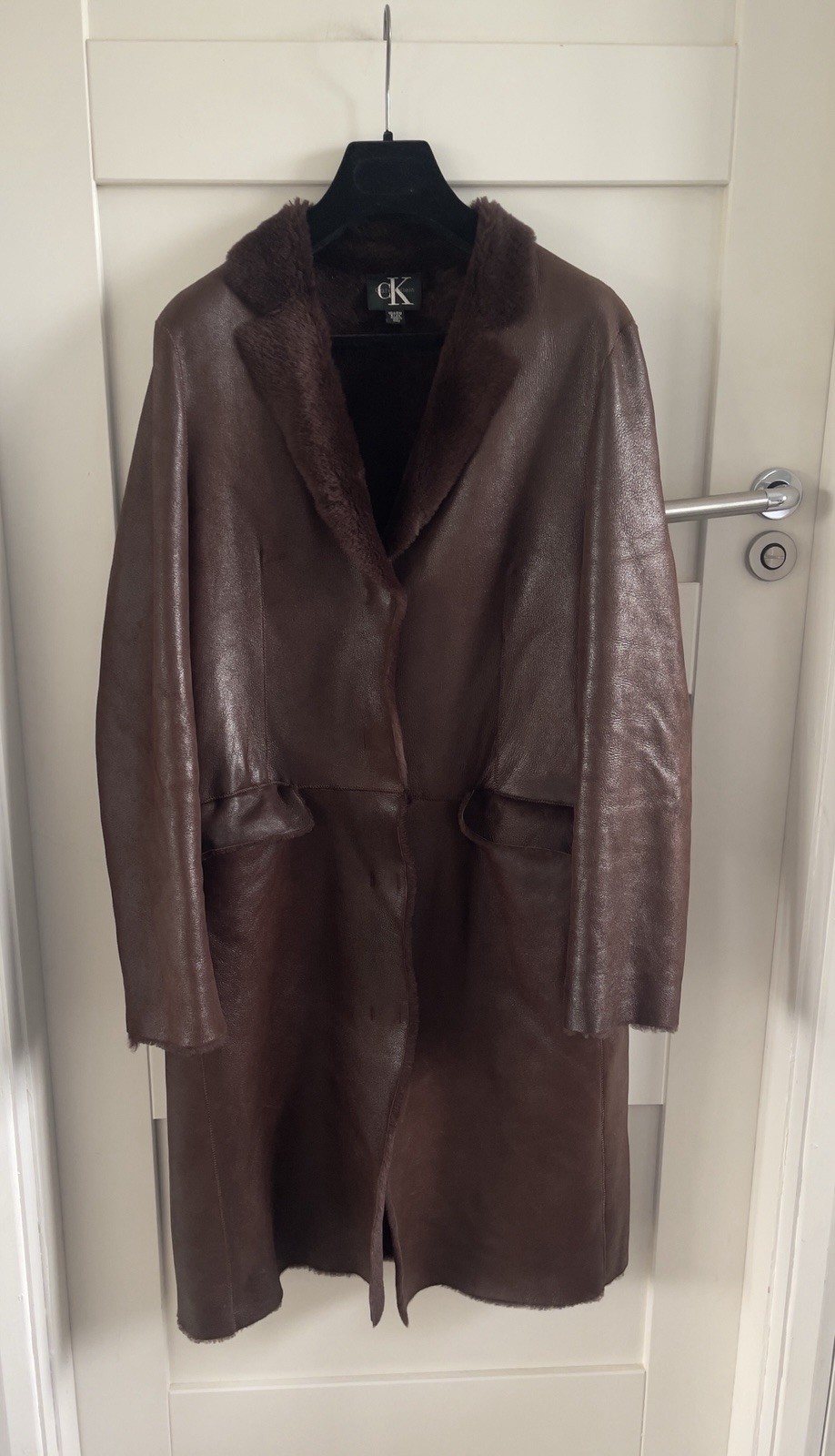 CK Calvin Klein 14 UK Year 2000 Vintage Shearling Leather Designer Coat pristine image 3