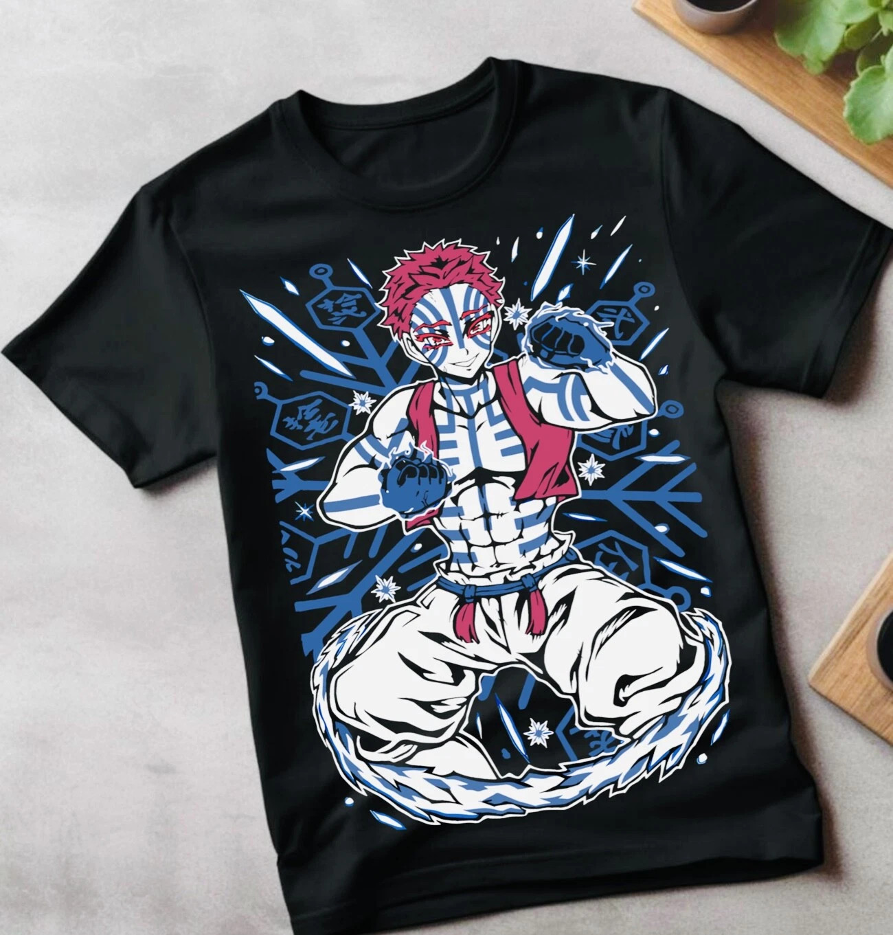Camiseta Anime Akaza Kimetsu No Yaiba Demon Slayer Bronceada Negra Talla S - 5XL