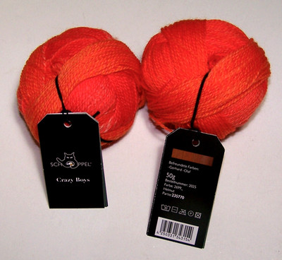 Lot of Two 50gm balls of Schoppel CRAZY BOYS Fingering Sock Yarn #2699 ORANGE