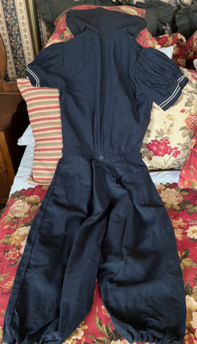 Antique Early 1900's Edwardian Navy & White Trim Swimsuit Romper/Skirt attached - Picture 6 of 18
