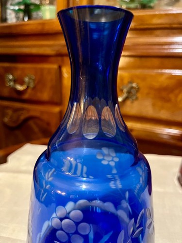 Cobalt Blue Cranberry Red Cut to Clear Bedside Water Carafe Glass Bohemian Czech - Picture 14 of 20