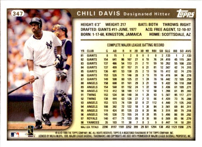 1999 Topps Baseball 347 Chili Davis New York Yankees Vintage Original