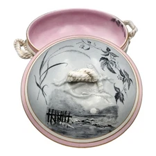 Vintage Limoges Covered Dish Rope Handles Beach Scene Hand Painted Antique Bowl