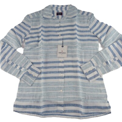 UNTUCKit Women's Vietti Button Front Shirt Size 0 Blue White Striped 100% Linen