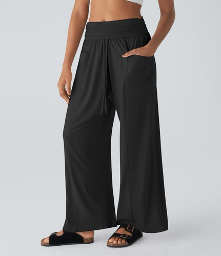 Halara Mid Rise Foldover Drawstring Side Pocket Harem Wide Leg Resort Pants XL