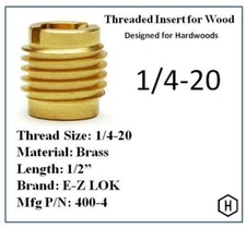 E-Z Lok P/N 400-4, 1/4-20 Threaded Brass Insert For Wood (50 Pieces)