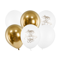 6 Luftballons 30Cm Happy Birthday Geburtstag Weiß Gold Helium Party Dekoration