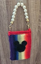 Handmade Crochet Rainbow Mickey Ears Pouch with Pearl Handle Strap