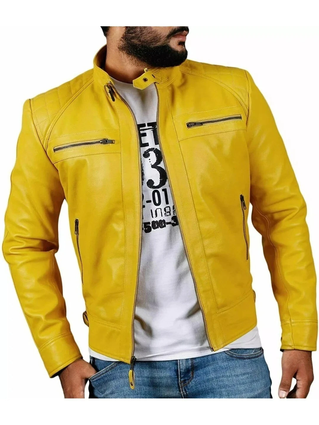 Leather Jacket Men's Biker Motorcycle Style Men Sheep Skin Racer Soft Yellow 30