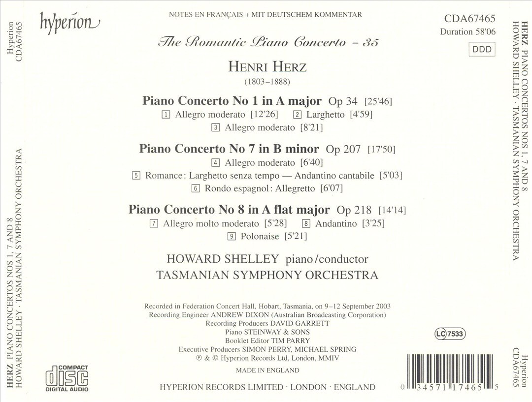 Herz Piano Concertos 1 7 & 8 CD Shelley Tasmanian Symphony Orchestra 2004