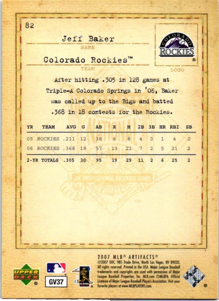 2007 Upper Deck Artifacts 82 Jeff Baker Colorado Rockies eBay
