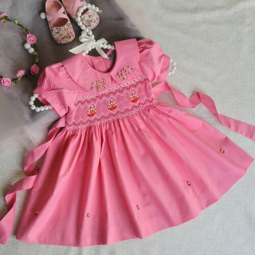 Sweet Pink Smocked Embroidered Baby Girl Dress. Toddler Girls Birthday Dress.  - Picture 1 of 7