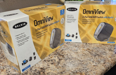 New In Box Belkin OmniView 2-Port KVM Switch w/ Audio PS/2 USB VGA SOHO F1DS102T
