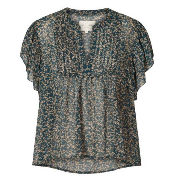 Lollys Laundry Isabel Top Sz XS Green Floral Print Pleated V Neck Flutter Sleeve