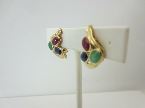 14k Oro Giallo Cabochon Rubino Smeraldo e Blu Zaffiro Orecchini 5.70 Carati - Foto 3 di 9