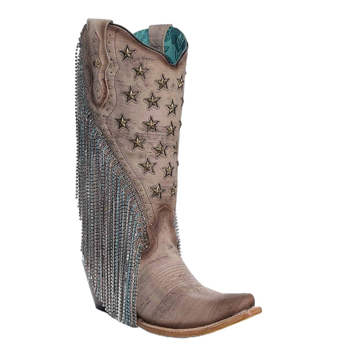 Corral Ladies Brown Embroidery Star Stud Fringe Western Boots