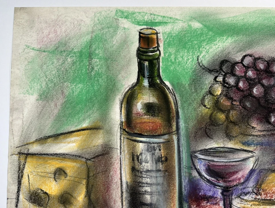 De colección Dibujo Queso Vino y Uvas Bodegón Freda Freiter 13x17” Bellas Artes Pastel Foto 3 de 4