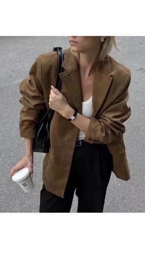New H&M Oversized Single Breasted Blazer Faux Suede Jacket Brown Tan XS - Picture 2 of 15