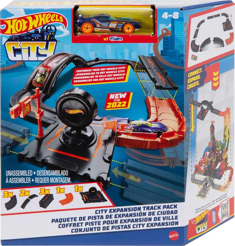 Toy Car Track Set Pack, 10 Track-Building Parts with City Square, Bridge & 1:64 - Picture 11 of 12
