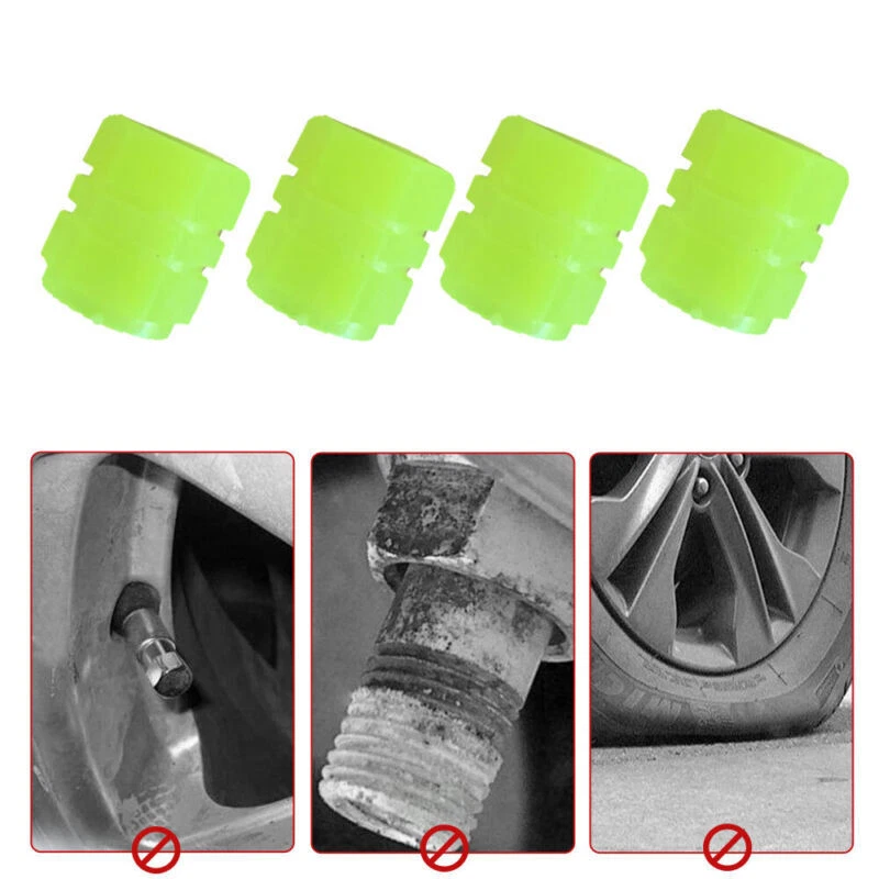 4x Tapa de válvula de neumático luminoso amarillo cubierta antipolvo de rueda de automóvil que brilla en la oscuridad Foto 4 de 4