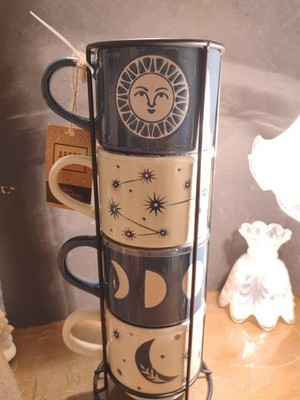 Abode Housewares Set of 4 Celestial StackingCoffee Mugs w/Metal Rack 13 oz NWT