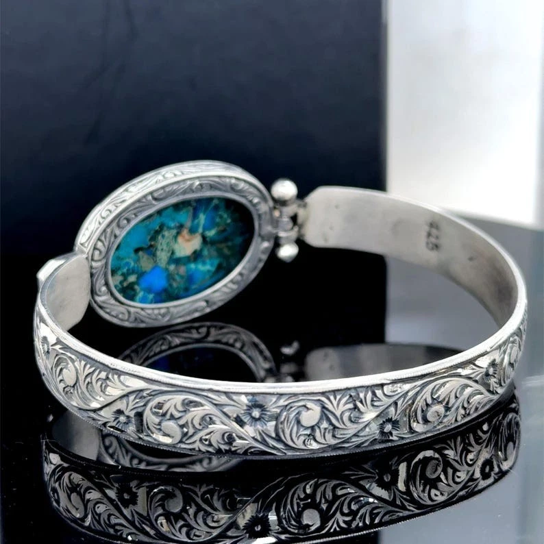 Silver Engraved Natural Turquoise Cuff Bracelet, Hand Engraved Turquoise Bangle - Image 3 of 4